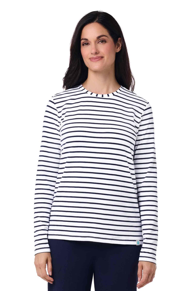 Coolibar UPF 50+ Women's Long sleeve T-Shirt - Sun Protective,Medium,Navy/White Stripe - Image 1